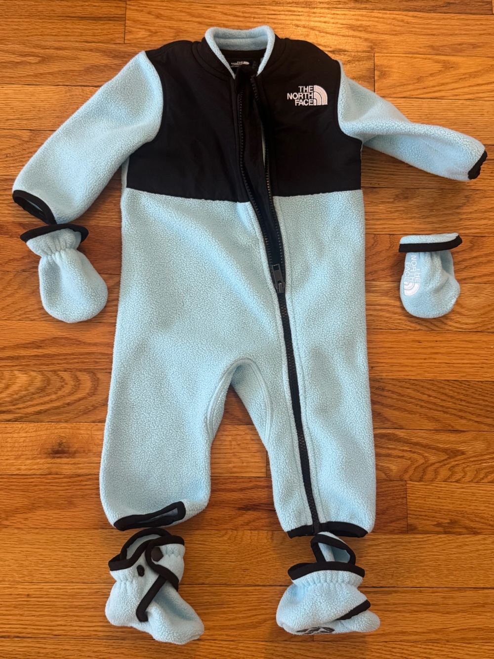 The North Face Light Blue and Black Fleece One-Piece with Mittens and booties